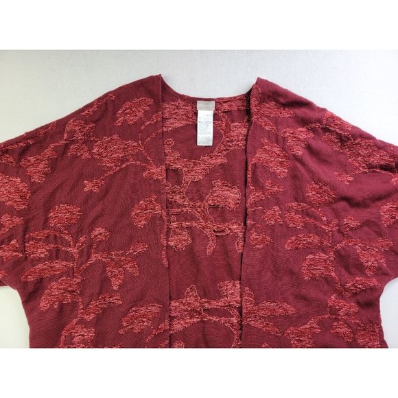Chico's Women S/M Burgundy Leaf Jacquard Open Front Sweater Fringe Boho Festival - Picture 4 of 9